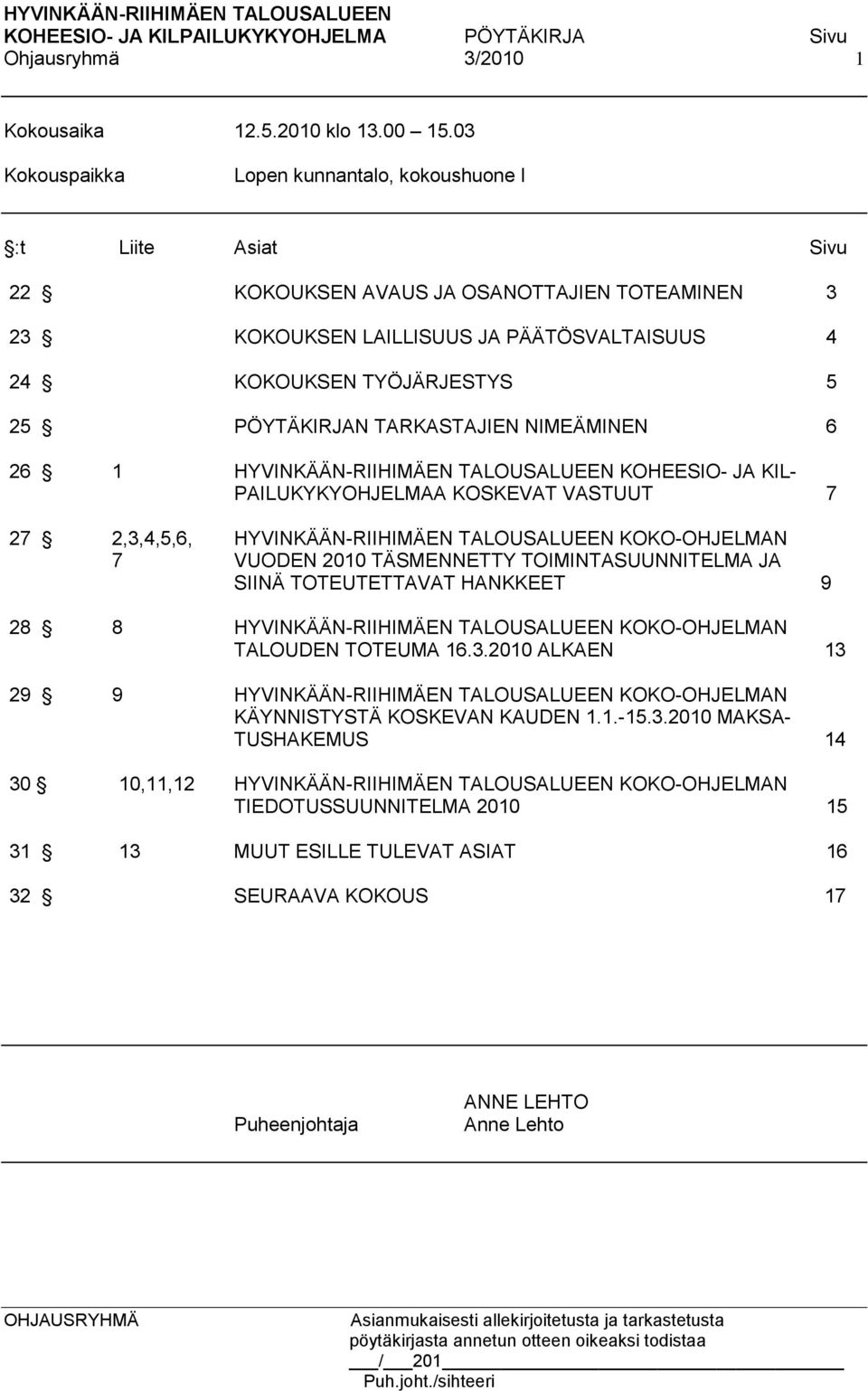 PÖYTÄKIRJAN TARKASTAJIEN NIMEÄMINEN 6 26 1 HYVINKÄÄN-RIIHIMÄEN TALOUSALUEEN KOHEESIO- JA KIL- PAILUKYKYOHJELMAA KOSKEVAT VASTUUT 7 27 2,3,4,5,6, HYVINKÄÄN-RIIHIMÄEN TALOUSALUEEN KOKO-OHJELMAN 7