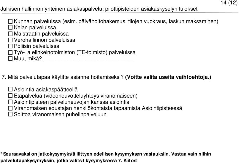 (TE-toimisto) palveluissa Muu, mikä? 7. Mitä palvelutapaa käytitte asianne hoitamiseksi? (Voitte valita useita vaihtoehtoja.