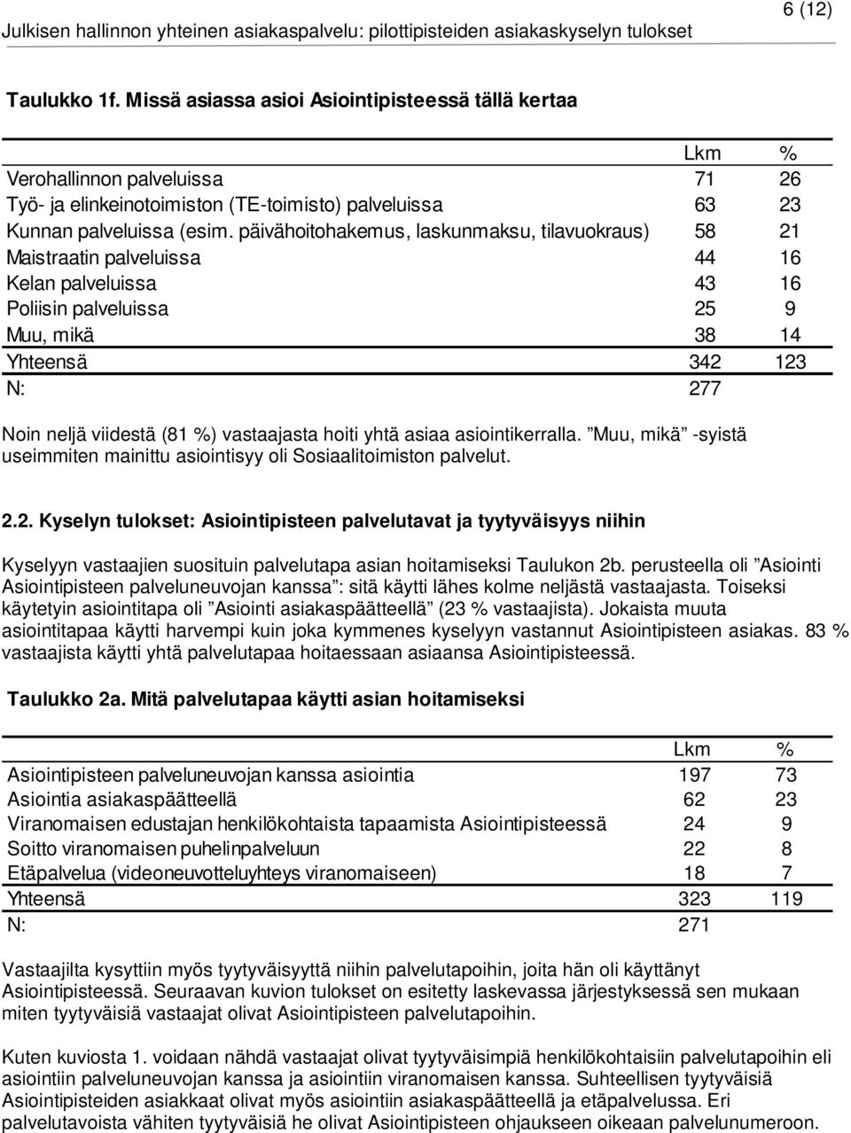 vastaajasta hoiti yhtä asiaa asiointikerralla. Muu, mikä -syistä useimmiten mainittu asiointisyy oli Sosiaalitoimiston palvelut. 2.