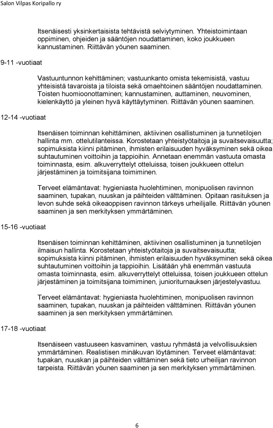 Vastuuntunnon kehittäminen; vastuunkanto omista tekemisistä, vastuu yhteisistä tavaroista ja tiloista sekä omaehtoinen sääntöjen noudattaminen.
