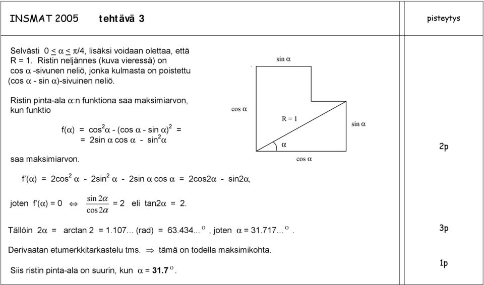 si α Risti pita-ala α: fuktioa saa maksimiarvo, ku fuktio f(α) cos α - (cos α - si α) si α cos α - si α cos α R α si α p saa maksimiarvo.