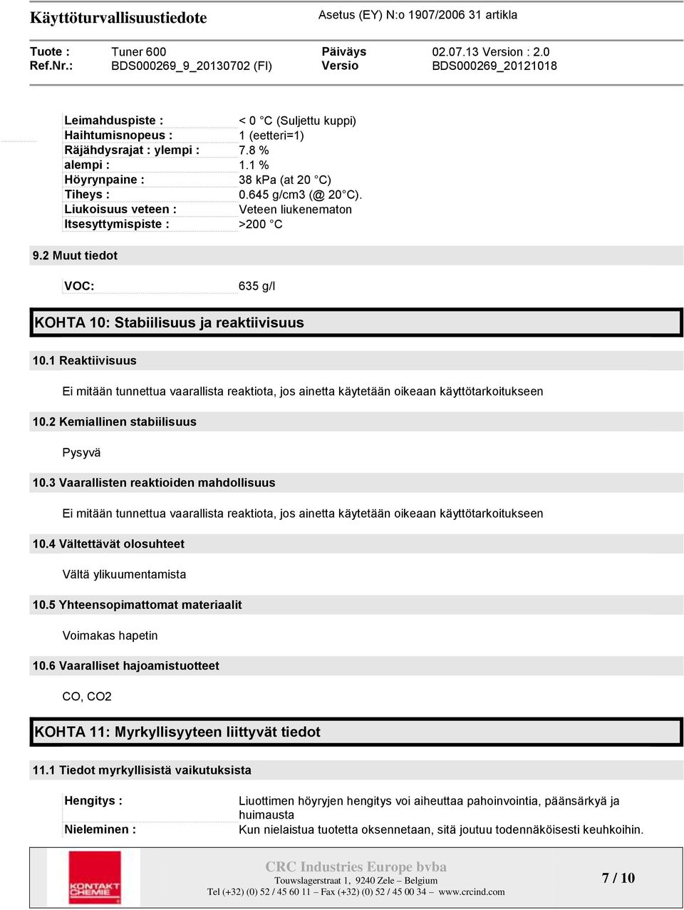 1 Reaktiivisuus Ei mitään tunnettua vaarallista reaktiota, jos ainetta käytetään oikeaan käyttötarkoitukseen 10.2 Kemiallinen stabiilisuus Pysyvä 10.