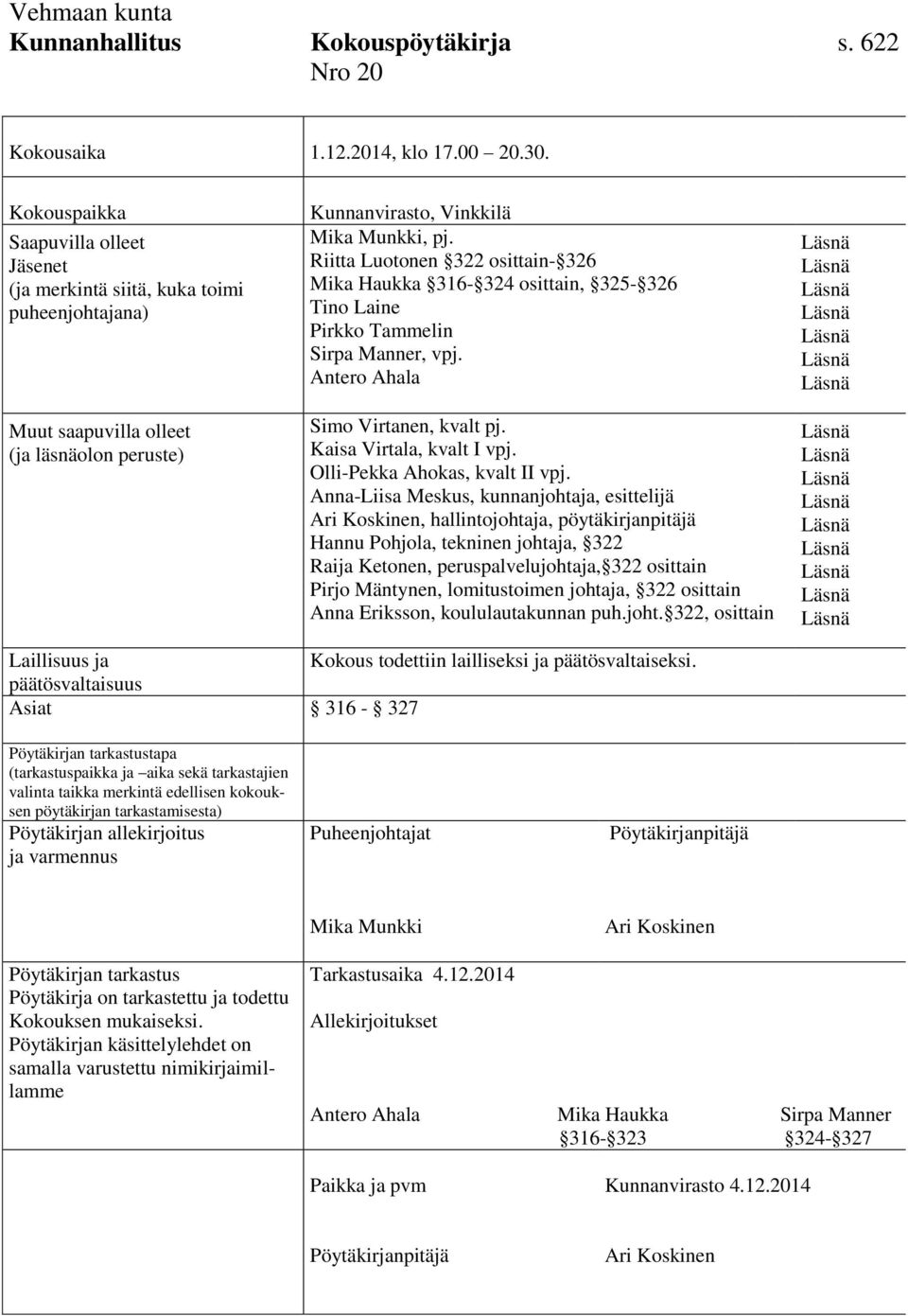 Riitta Luotonen 322 osittain- 326 Mika Haukka 316-324 osittain, 325-326 Tino Laine Pirkko Tammelin Sirpa Manner, vpj. Antero Ahala Simo Virtanen, kvalt pj. Kaisa Virtala, kvalt I vpj.