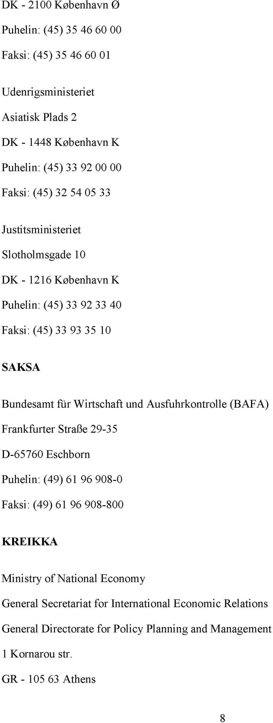 Wirtschaft und Ausfuhrkontrolle (BAFA) Frankfurter Straße 29-35 D-65760 Eschborn Puhelin: (49) 61 96 908-0 Faksi: (49) 61 96 908-800 KREIKKA Ministry of