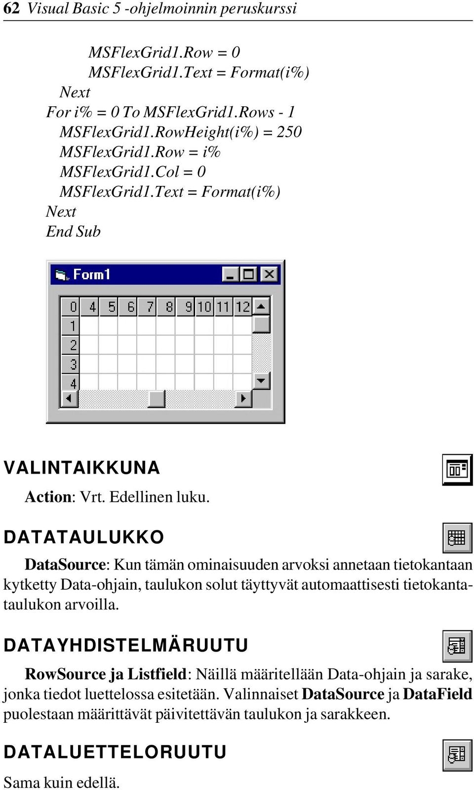 DATATAULUKKO DataSource: Kun tämän ominaisuuden arvoksi annetaan tietokantaan kytketty Data-ohjain, taulukon solut täyttyvät automaattisesti tietokantataulukon arvoilla.