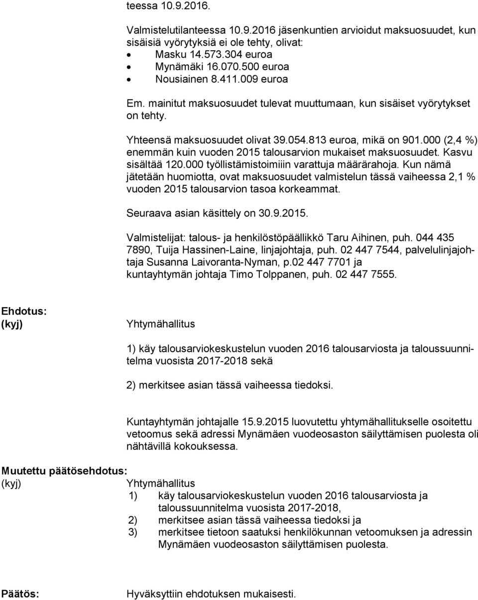 000 (2,4 %) enemmän kuin vuoden 2015 talousarvion mukaiset maksuosuudet. Kas vu sisältää 120.000 työllistämistoimiiin varattuja määrärahoja.