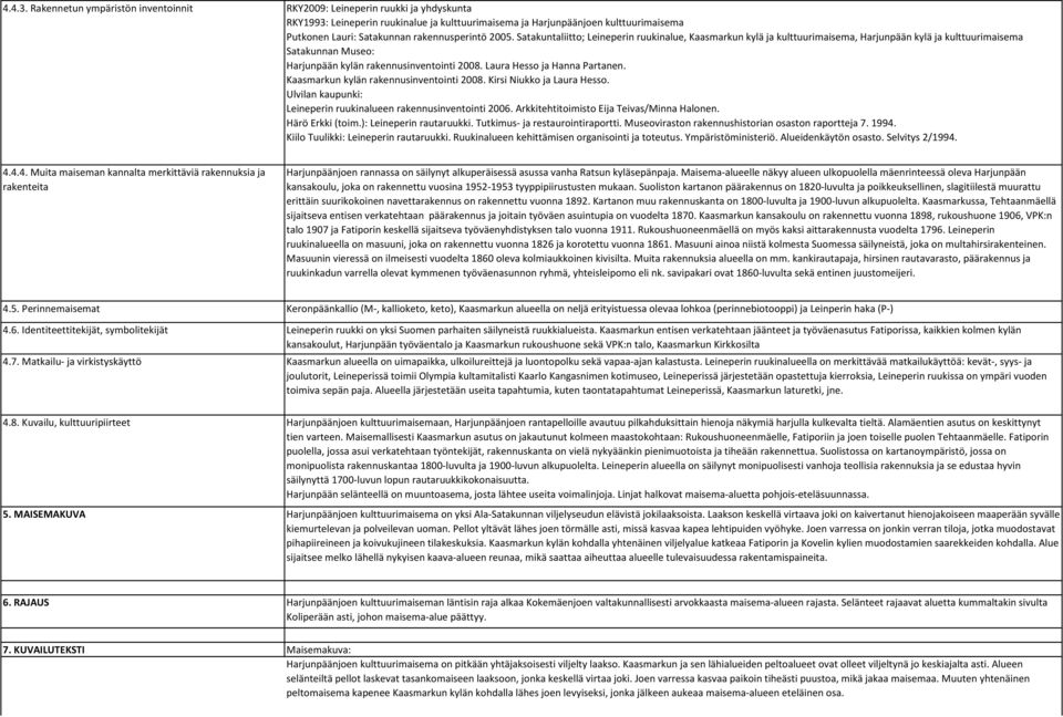 rakennusperintö 2005. Satakuntaliitto; Leineperin ruukinalue, Kaasmarkun kylä ja kulttuurimaisema, Harjunpään kylä ja kulttuurimaisema Satakunnan Museo: Harjunpään kylän rakennusinventointi 2008.