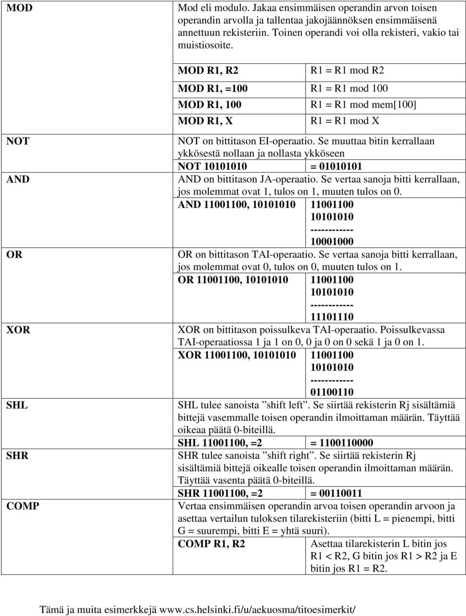 MOD R1, R2 R1 = R1 mod R2 MOD R1, =100 R1 = R1 mod 100 MOD R1, 100 MOD R1, X R1 = R1 mod mem[100] R1 = R1 mod X NOT on bittitason EI-operaatio.