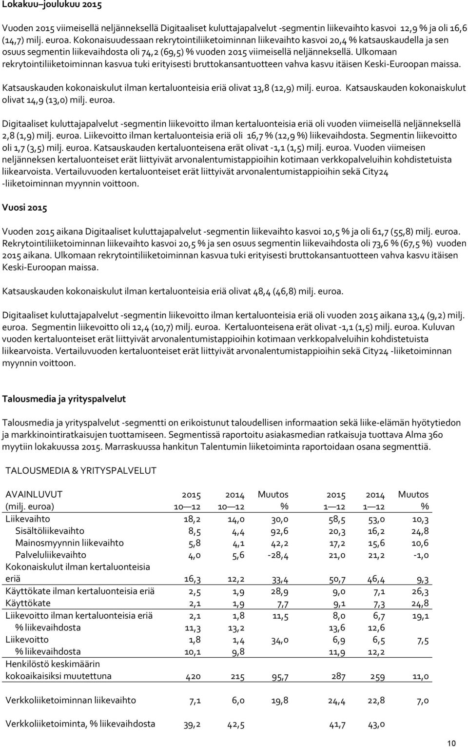 Ulkomaan rekrytointiliiketoiminnan kasvua tuki erityisesti bruttokansantuotteen vahva kasvu itäisen Keski Euroopan maissa.