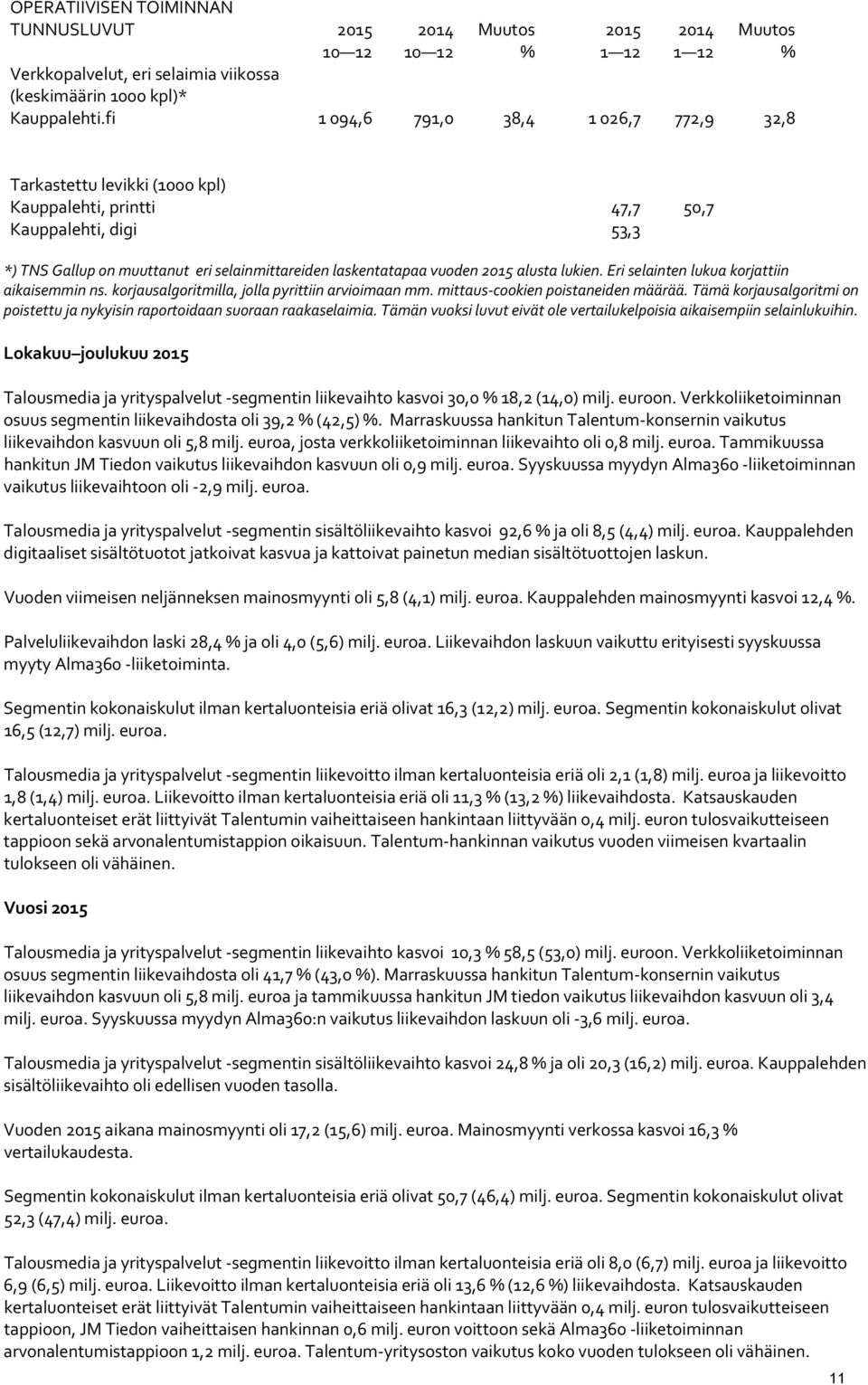 2015 alusta lukien. Eri selainten lukua korjattiin aikaisemmin ns. korjausalgoritmilla, jolla pyrittiin arvioimaan mm. mittaus cookien poistaneiden määrää.