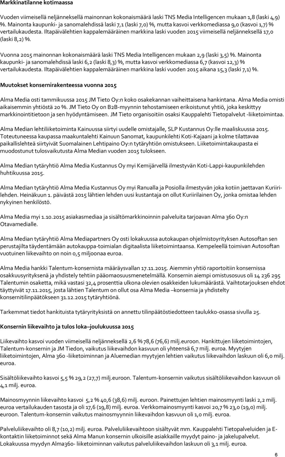 Iltapäivälehtien kappalemääräinen markkina laski vuoden 2015 viimeisellä neljänneksellä 17,0 (laski 8,2) %. Vuonna 2015 mainonnan kokonaismäärä laski TNS Media Intelligencen mukaan 2,9 (laski 3,5) %.