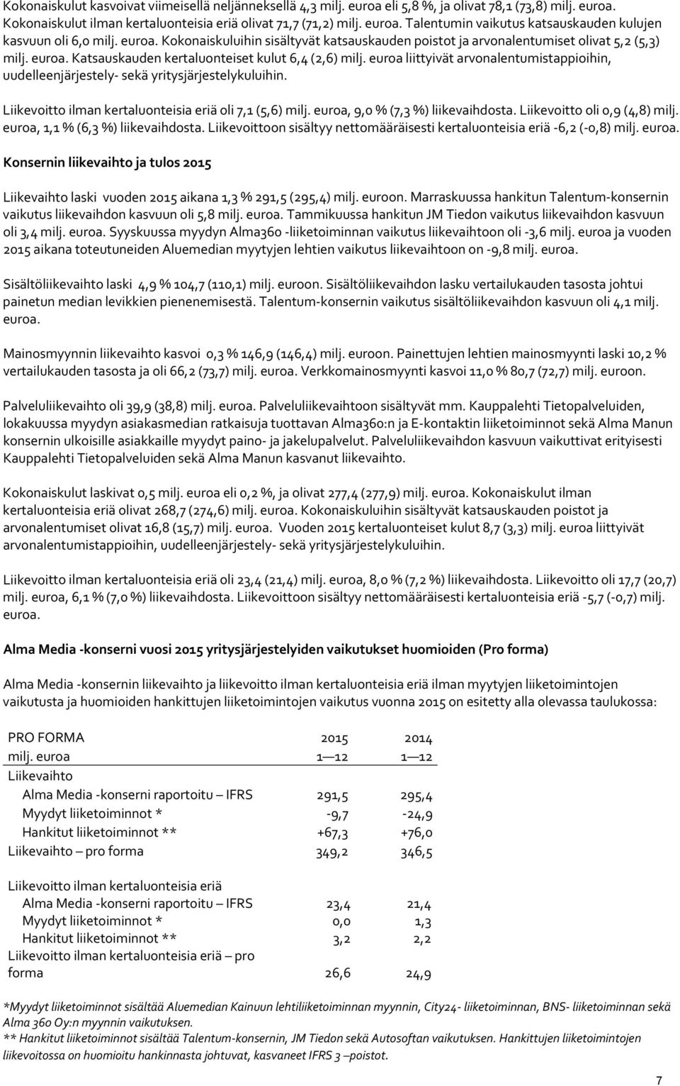 euroa liittyivät arvonalentumistappioihin, uudelleenjärjestely sekä yritysjärjestelykuluihin. Liikevoitto ilman kertaluonteisia eriä oli 7,1 (5,6) milj. euroa, 9,0 % (7,3 %) liikevaihdosta.