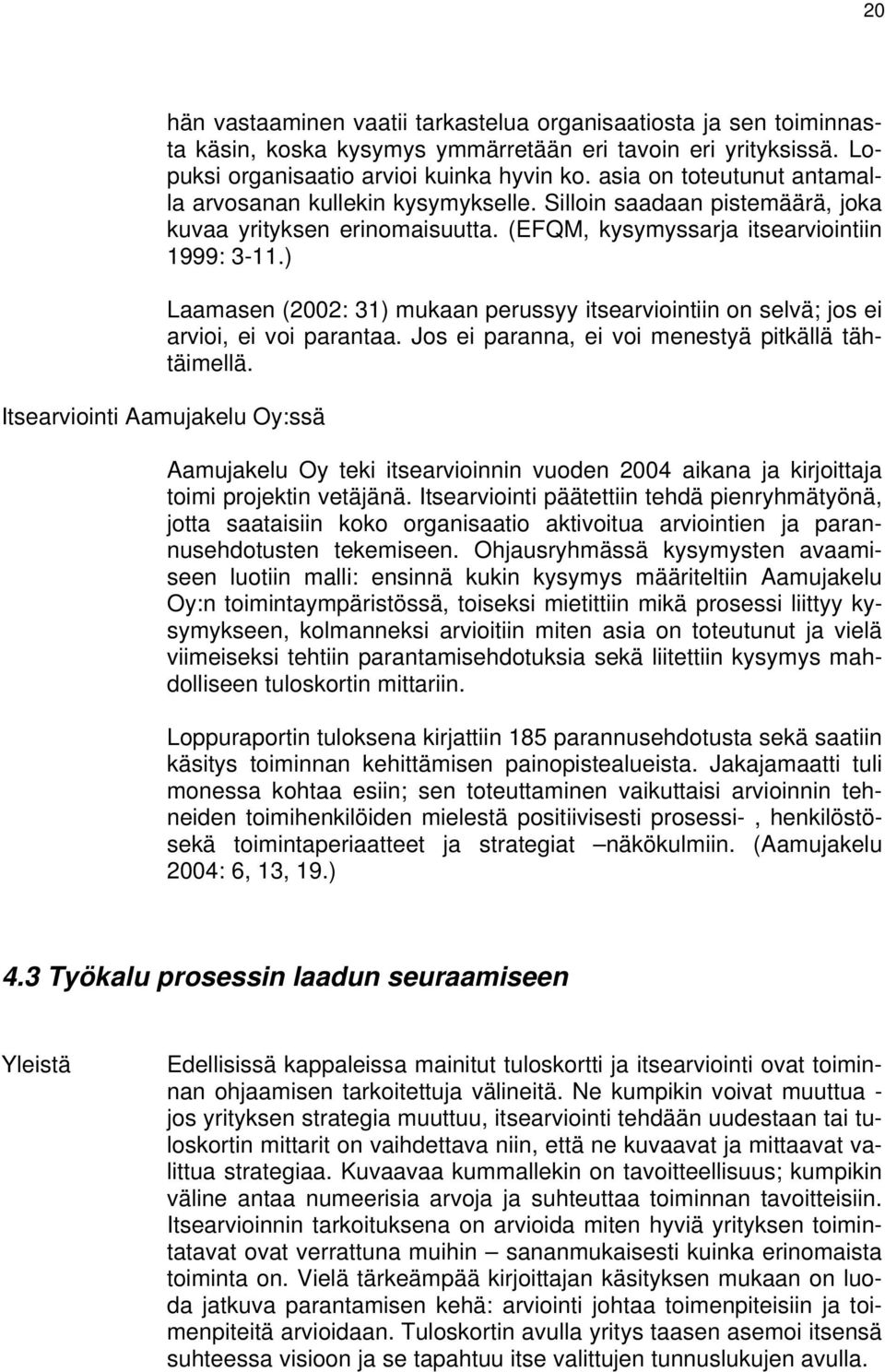 ) Laamasen (2002: 31) mukaan perussyy itsearviointiin on selvä; jos ei arvioi, ei voi parantaa. Jos ei paranna, ei voi menestyä pitkällä tähtäimellä.
