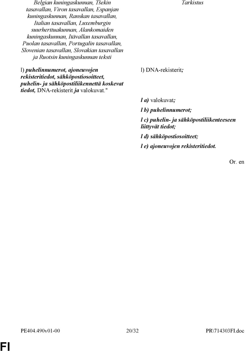 " l) DNA-rekisterit; l a) valokuvat; l b) puhelinnumerot; l c) puhelin- ja