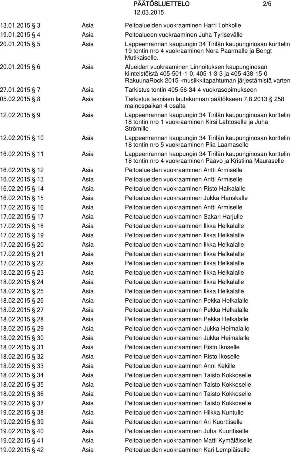 02.2015 8 Asia Tarkistus teknisen lautakunnan päätökseen 7.8.2013 258 mainospaikan 4 osalta 12.02.2015 9 Asia Lappeenrannan kaupungin 34 Tirilän kaupunginosan korttelin 18 tontin nro 1 vuokraaminen Kirsi Lahtoselle ja Juha Strömille 12.