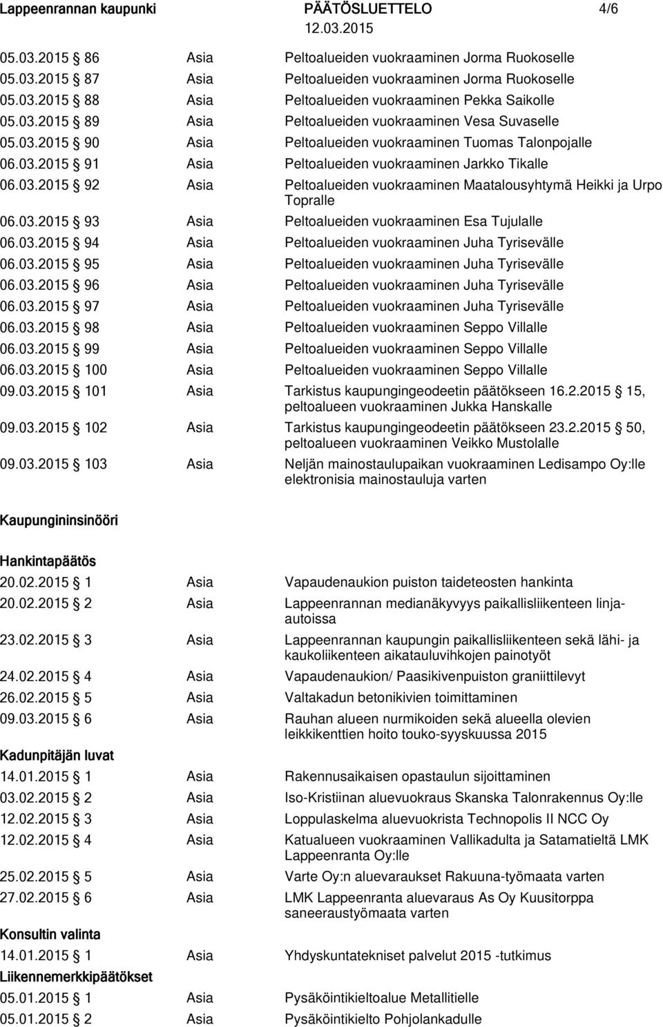 03.2015 93 Asia Peltoalueiden vuokraaminen Esa Tujulalle 06.03.2015 94 Asia Peltoalueiden vuokraaminen Juha Tyrisevälle 06.03.2015 95 Asia Peltoalueiden vuokraaminen Juha Tyrisevälle 06.03.2015 96 Asia Peltoalueiden vuokraaminen Juha Tyrisevälle 06.