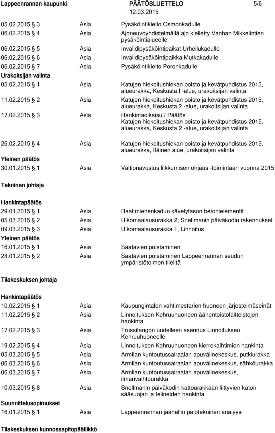 02.2015 2 Asia Katujen hiekoitushiekan poisto ja kevätpuhdistus 2015, alueurakka, Keskusta 2 -alue, urakoitsijan valinta 17.02.2015 3 Asia Hankintaoikaisu / Päätös Katujen hiekoitushiekan poisto ja kevätpuhdistus 2015, alueurakka, Keskusta 2 -alue, urakoitsijan valinta 26.