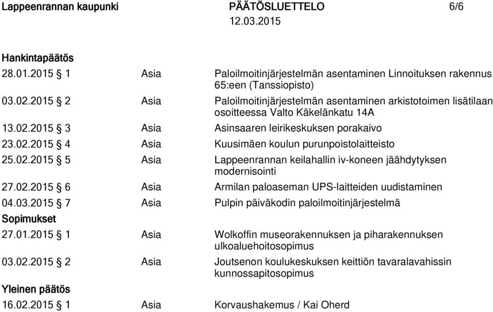 02.2015 5 Asia Lappeenrannan keilahallin iv-koneen jäähdytyksen modernisointi 27.02.2015 6 Asia Armilan paloaseman UPS-laitteiden uudistaminen 04.03.