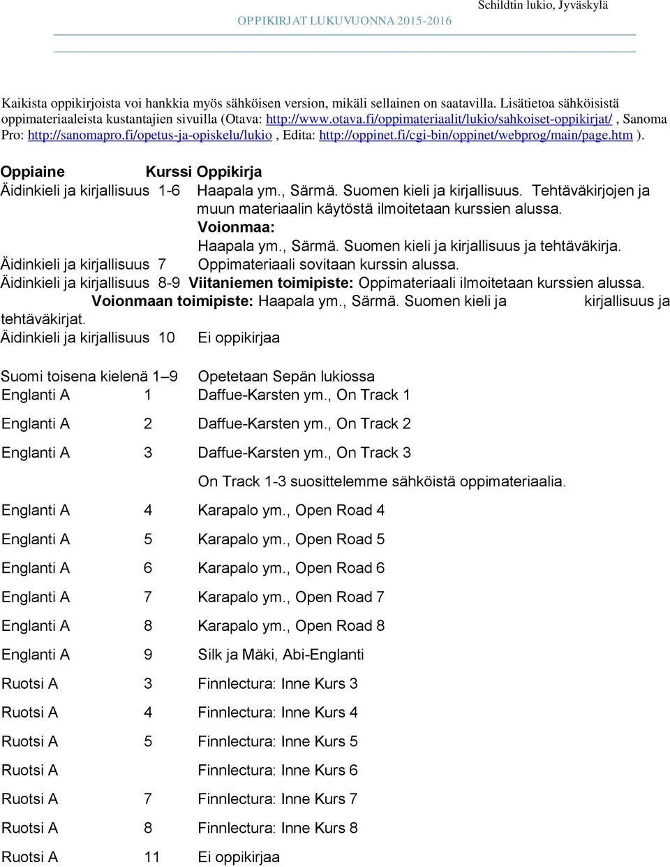 fi/opetus-ja-opiskelu/lukio, Edita: http://oppinet.fi/cgi-bin/oppinet/webprog/main/page.htm ). Oppiaine Kurssi Oppikirja Äidinkieli ja kirjallisuus 1-6 Haapala ym., Särmä.