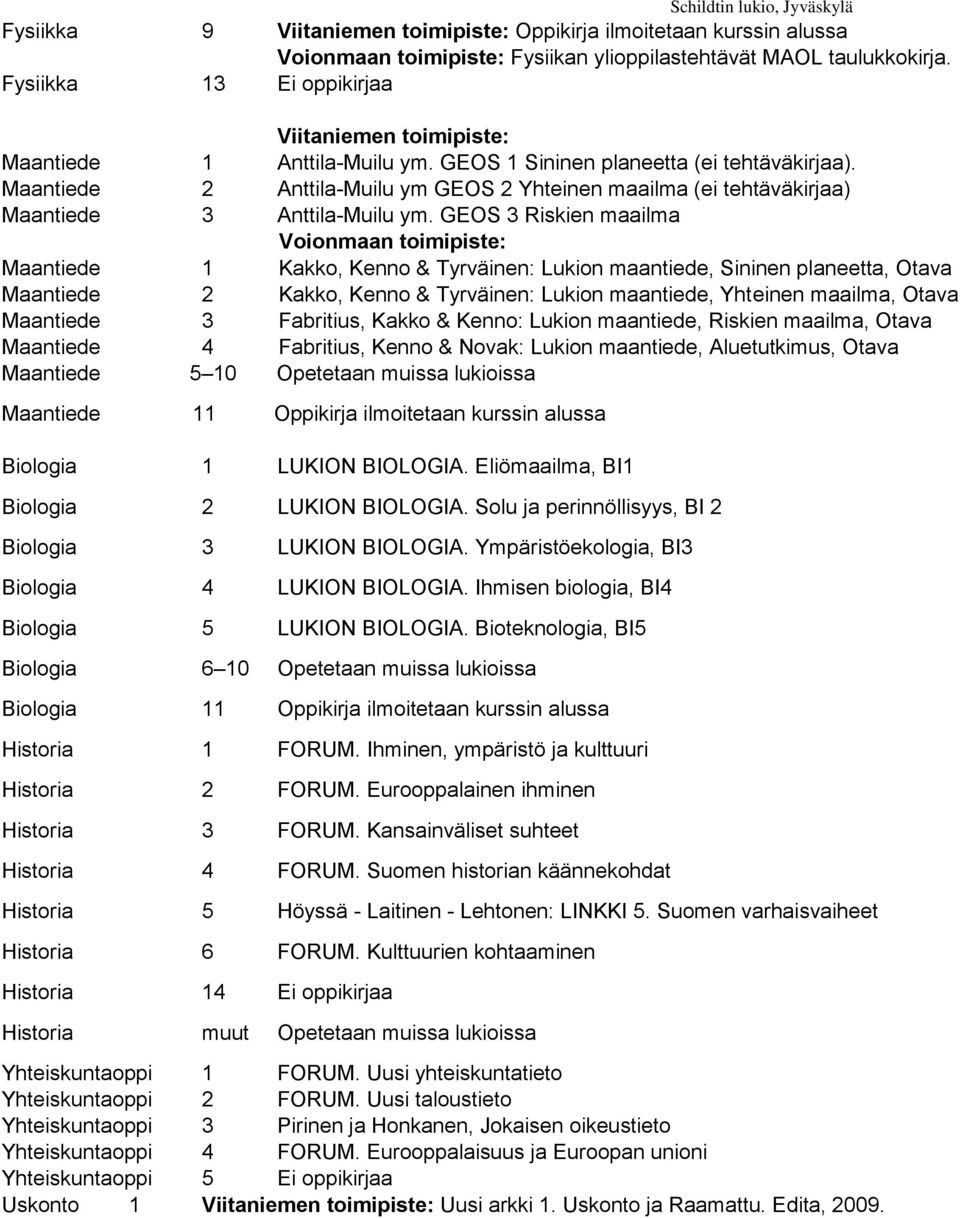 GEOS 3 Riskien maailma Maantiede 1 Kakko, Kenno & Tyrväinen: Lukion maantiede, Sininen planeetta, Otava Maantiede 2 Kakko, Kenno & Tyrväinen: Lukion maantiede, Yhteinen maailma, Otava Maantiede 3