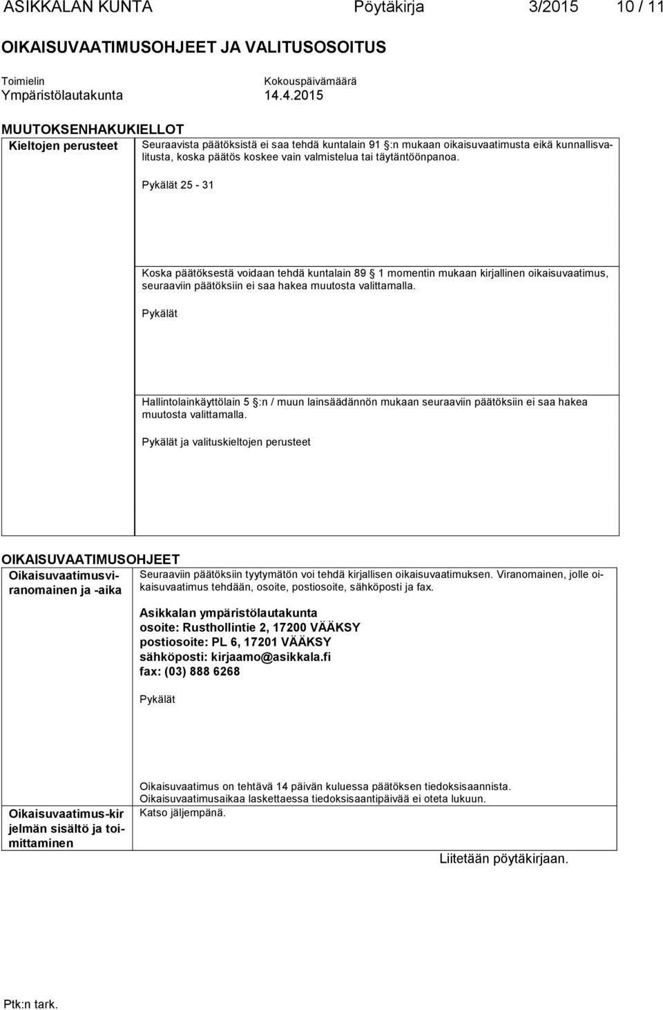 täytäntöönpanoa. Pykälät 25-31 Koska päätöksestä voidaan tehdä kuntalain 89 1 momentin mukaan kirjallinen oikaisuvaatimus, seu raa viin päätöksiin ei saa hakea muutosta valittamalla.