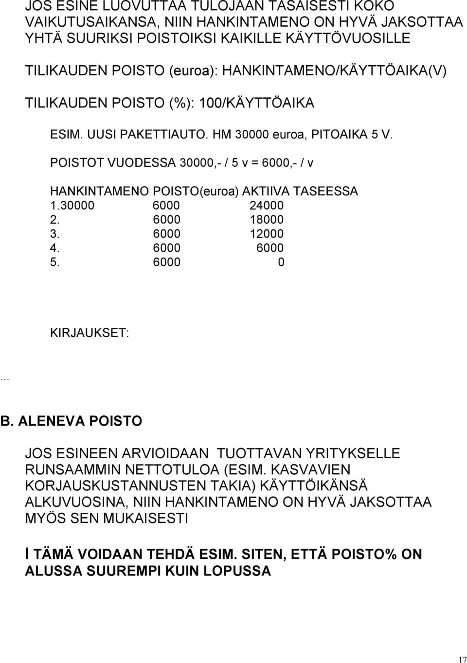 POISTOT VUODESSA 30000,- / 5 v = 6000,- / v HANKINTAMENO POISTO(euroa) AKTIIVA TASEESSA 1.30000 6000 24000 2. 6000 18000 3. 6000 12000 4. 6000 6000 5. 6000 0 KIRJAUKSET: B.