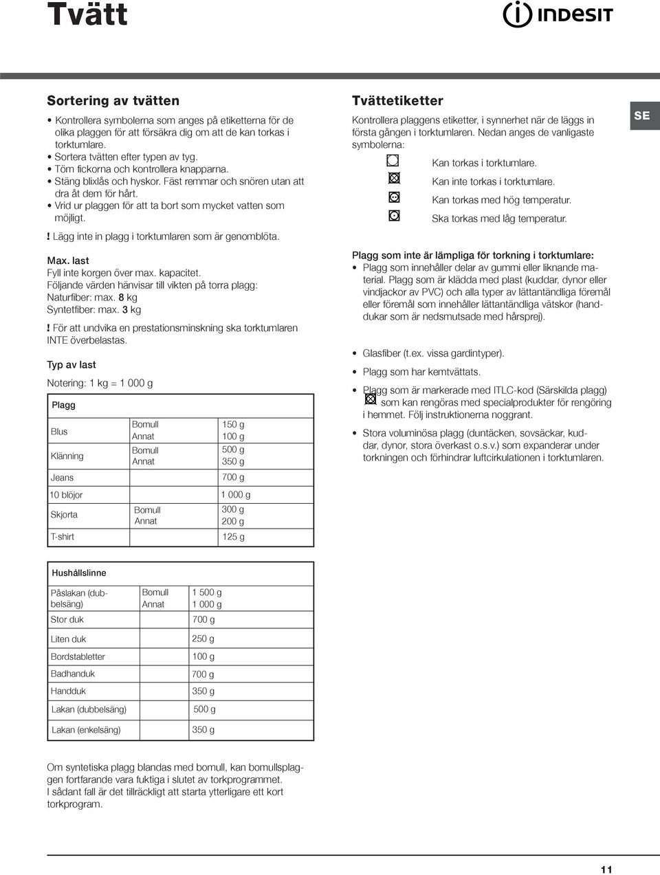 ! Lägg inte in plagg i torktumlaren som är genomblöta. Max. last Fyll inte korgen över max. kapacitet. Följande värden hänvisar till vikten på torra plagg: Naturfiber: max. 8 kg Syntetfiber: max.