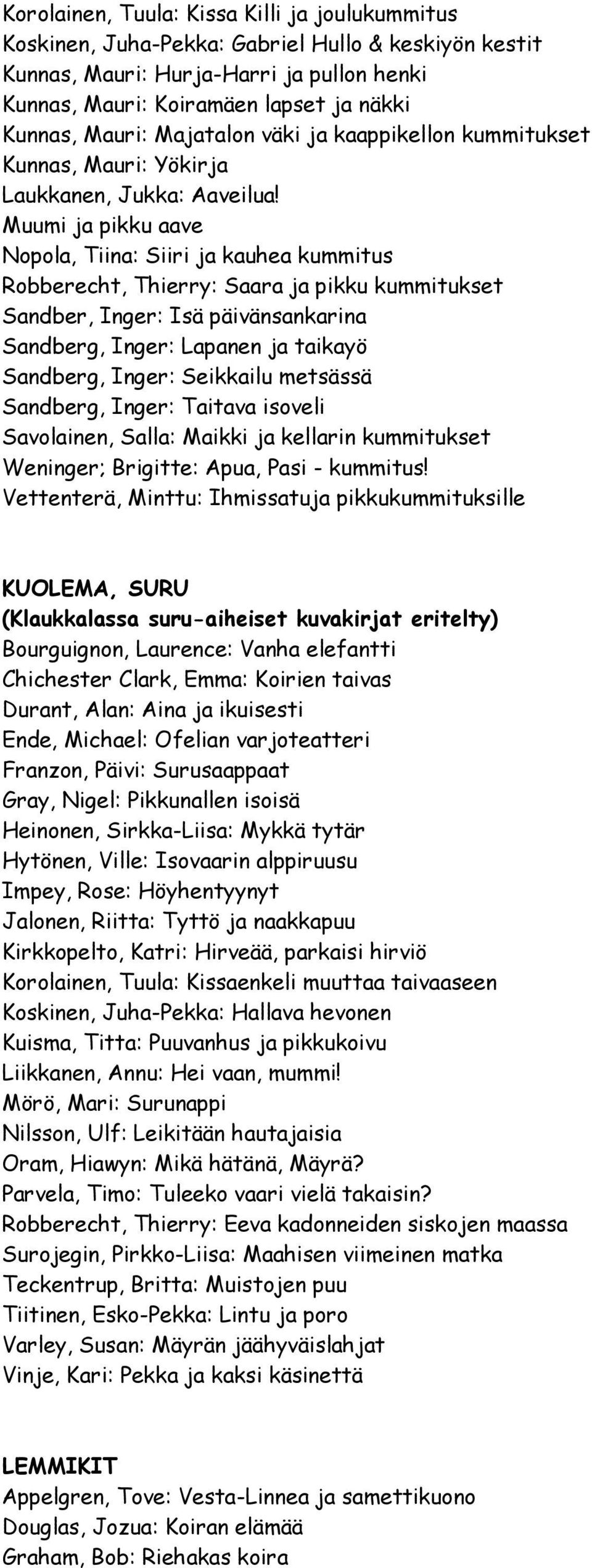 Muumi ja pikku aave Nopola, Tiina: Siiri ja kauhea kummitus Robberecht, Thierry: Saara ja pikku kummitukset Sandber, Inger: Isä päivänsankarina Sandberg, Inger: Lapanen ja taikayö Sandberg, Inger: