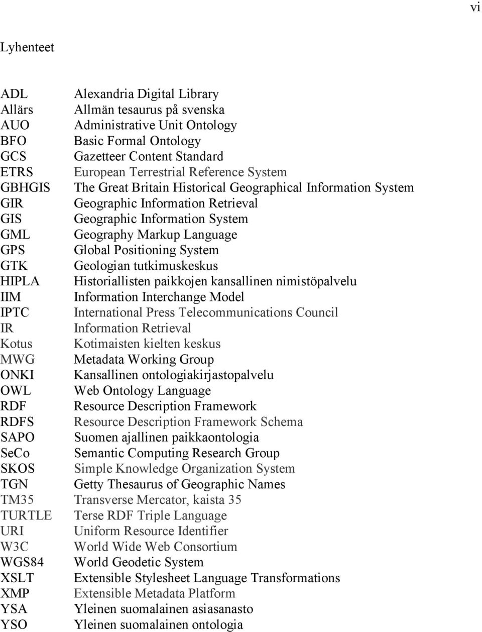 Positioning System GTK Geologian tutkimuskeskus HIPLA Historiallisten paikkojen kansallinen nimistöpalvelu IIM Information Interchange Model IPTC International Press Telecommunications Council IR