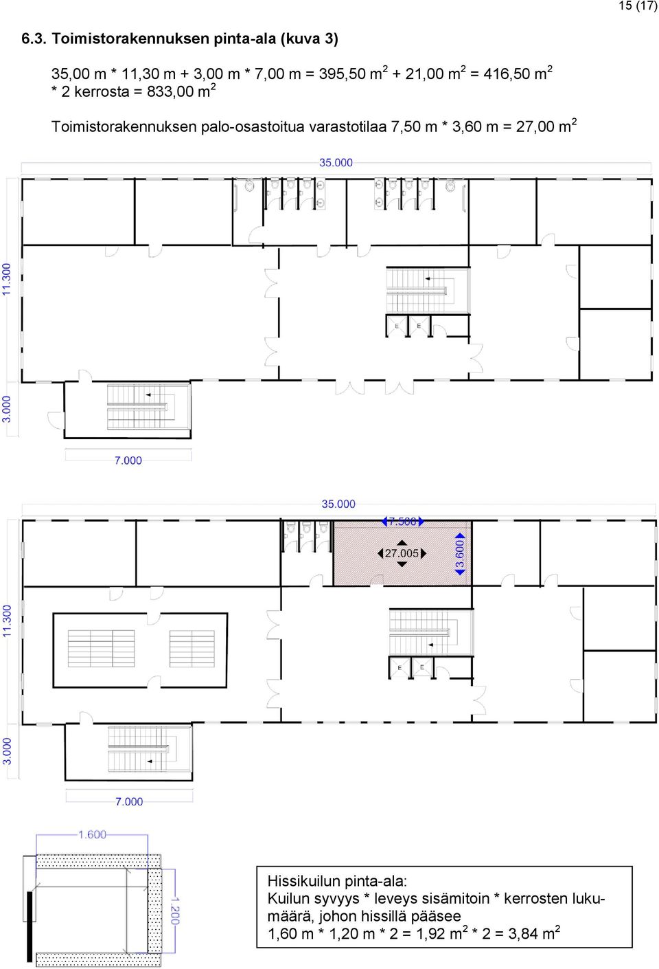 21,00 m 2 = 416,50 m 2 * 2 kerrosta = 833,00 m 2 Toimistorakennuksen palo-osastoitua