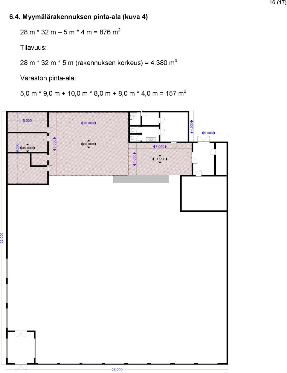 4 m = 876 m 2 Tilavuus: 28 m * 32 m * 5 m (rakennuksen