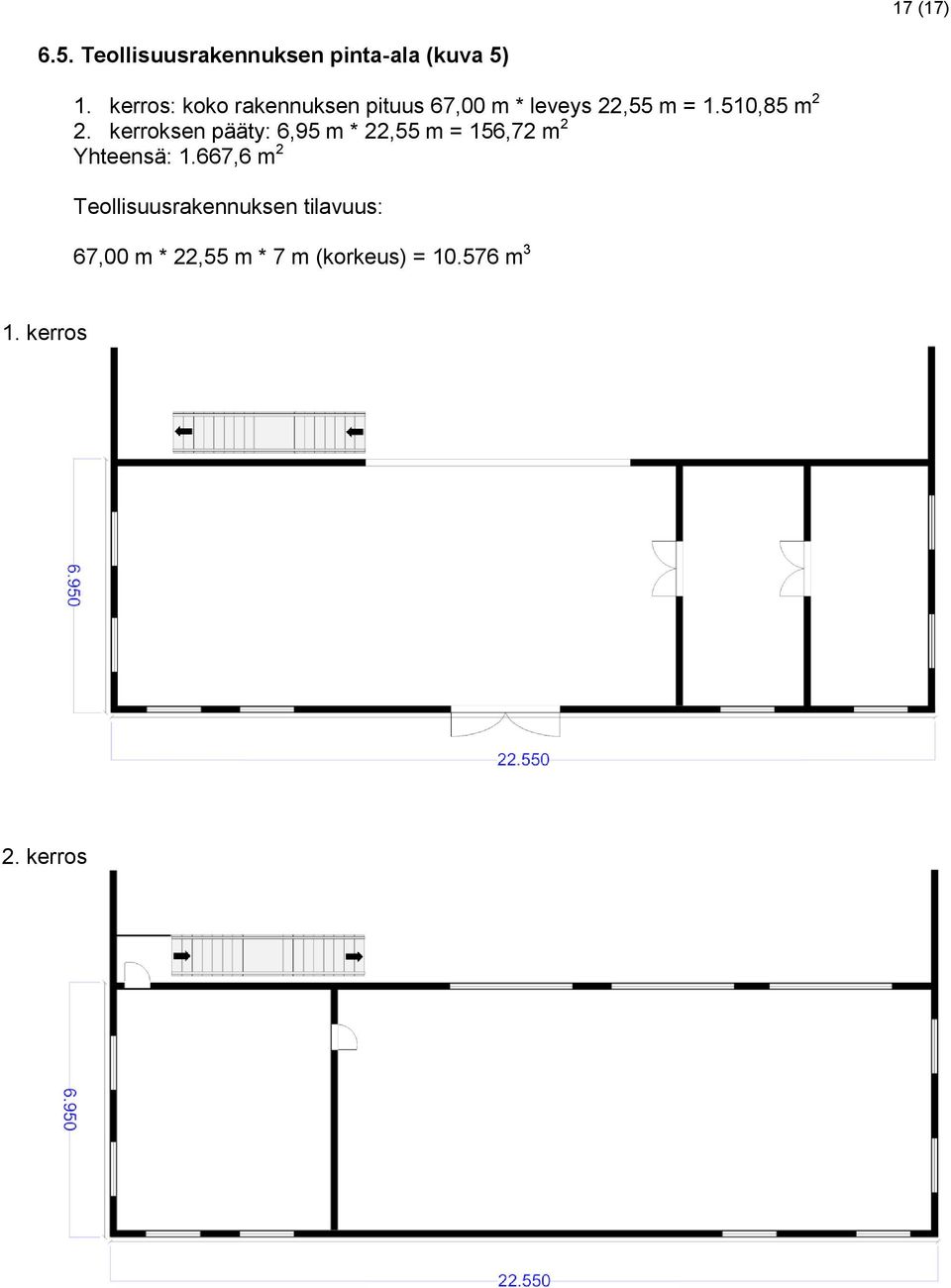 kerroksen pääty: 6,95 m * 22,55 m = 156,72 m 2 Yhteensä: 1.