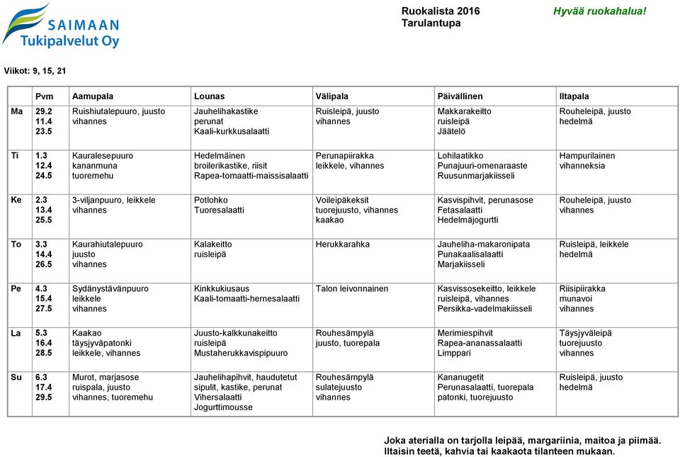4 25.5 3-viljanpuuro, Potlohko Voileipäkeksit tuore, kaakao Kasvispihvit, perunasose Fetasalaatti Hedelmäjogurtti Rouheleipä, To 3.3 14.4 26.