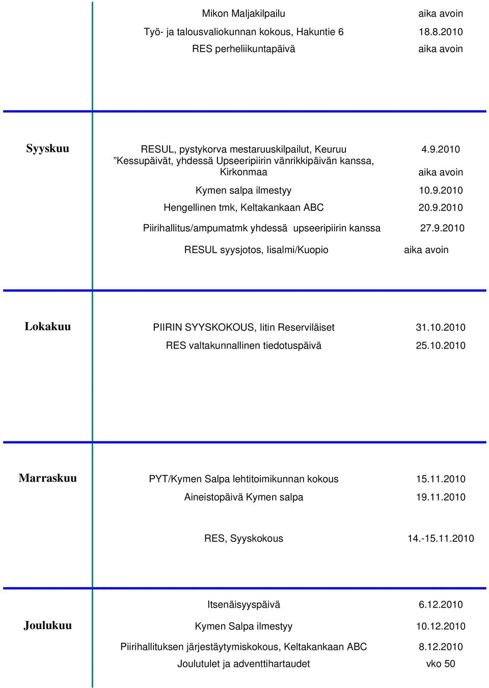 9.2010 RESUL syysjotos, Iisalmi/Kuopio Lokakuu PIIRIN SYYSKOKOUS, Iitin Reserviläiset 31.10.2010 RES valtakunnallinen tiedotuspäivä 25.10.2010 Marraskuu PYT/Kymen Salpa lehtitoimikunnan kokous 15.11.