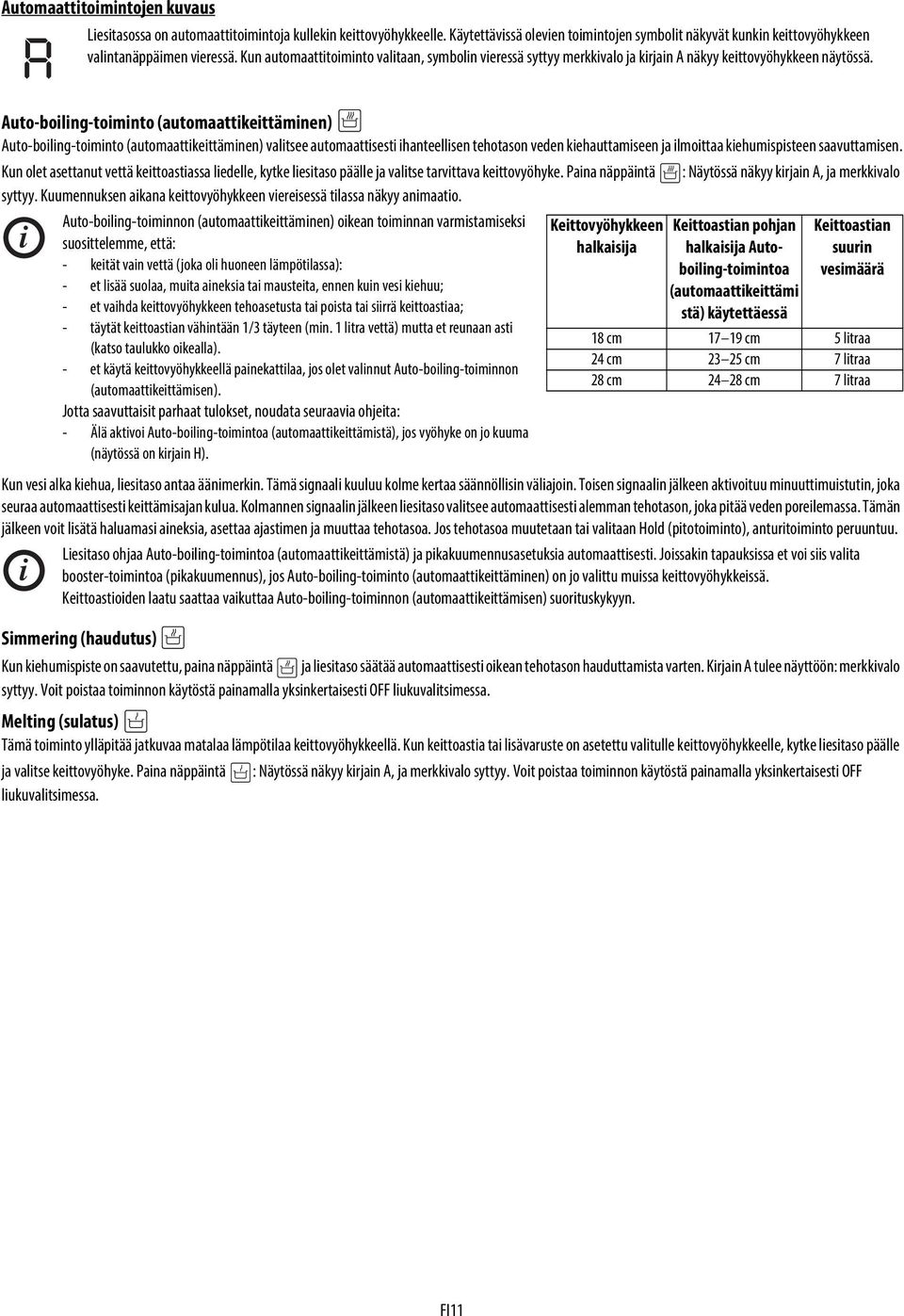 Auto-boiling-toiminto (automaattikeittäminen) Auto-boiling-toiminto (automaattikeittäminen) valitsee automaattisesti ihanteellisen tehotason veden kiehauttamiseen ja ilmoittaa kiehumispisteen