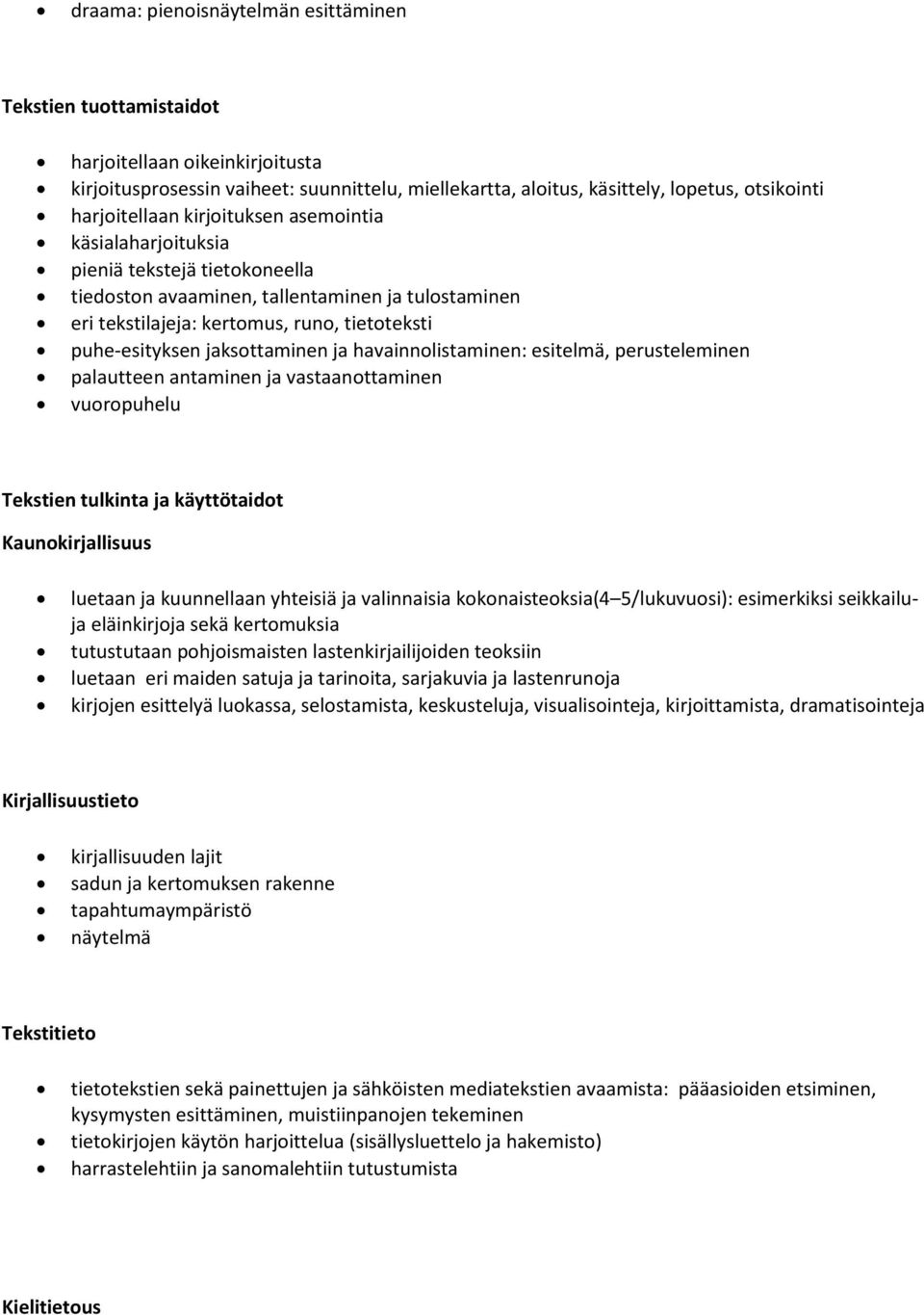 jaksottaminen ja havainnolistaminen: esitelmä, perusteleminen palautteen antaminen ja vastaanottaminen vuoropuhelu Tekstien tulkinta ja käyttötaidot Kaunokirjallisuus luetaan ja kuunnellaan yhteisiä