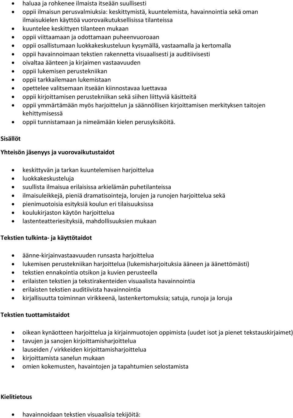 rakennetta visuaalisesti ja auditiivisesti oivaltaa äänteen ja kirjaimen vastaavuuden oppii lukemisen perustekniikan oppii tarkkailemaan lukemistaan opettelee valitsemaan itseään kiinnostavaa