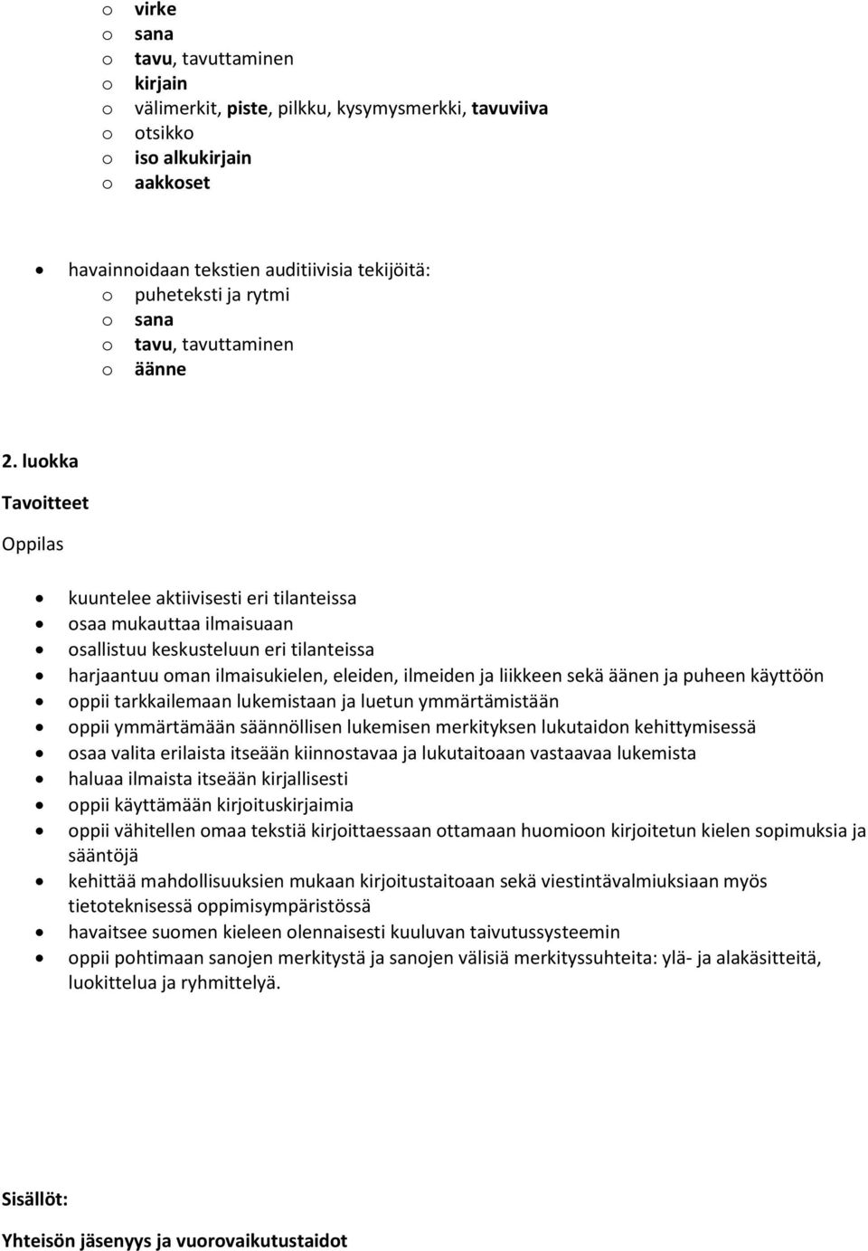 luokka Tavoitteet Oppilas kuuntelee aktiivisesti eri tilanteissa osaa mukauttaa ilmaisuaan osallistuu keskusteluun eri tilanteissa harjaantuu oman ilmaisukielen, eleiden, ilmeiden ja liikkeen sekä