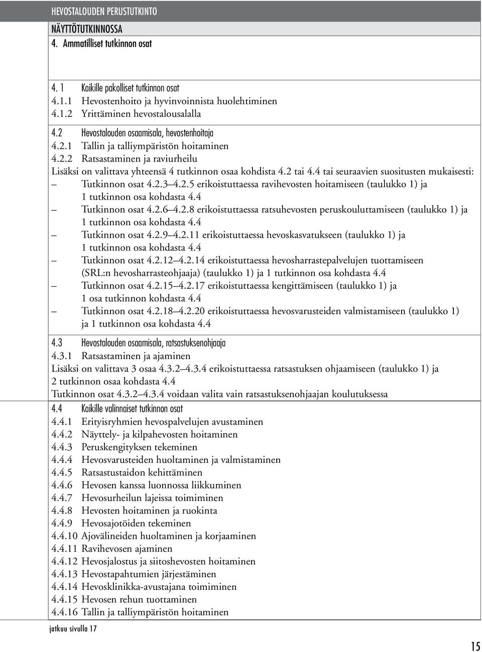 4 tai seuraavien suositusten mukaisesti: Tutkinnon osat 4.2.3 4.2.5 erikoistuttaessa ravihevosten hoitamiseen (taulukko 1) ja 1 tutkinnon osa kohdasta 4.4 Tutkinnon osat 4.2.6 4.2.8 erikoistuttaessa ratsuhevosten peruskouluttamiseen (taulukko 1) ja 1 tutkinnon osa kohdasta 4.