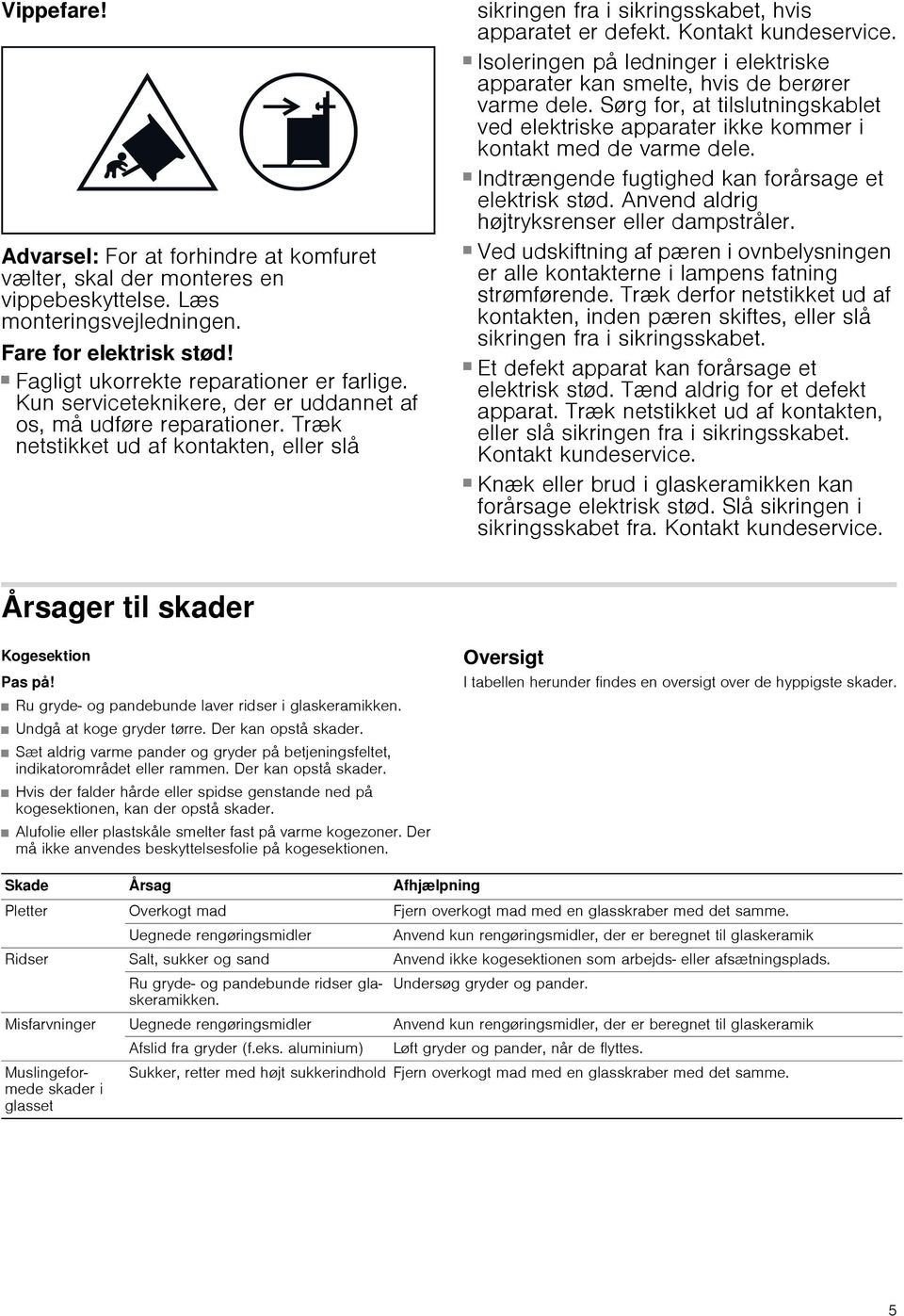 Fare for elektrisk stød! Isoleringen på ledninger i elektriske apparater kan smelte, hvis de berører varme dele.