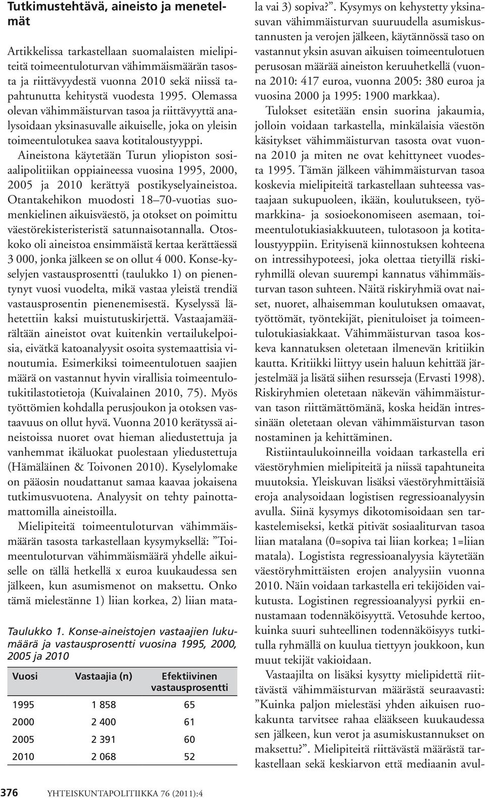 Artikkelissa tarkastellaan suomalaisten mielipiteitä toimeentuloturvan vähimmäismäärän tasosta ja riittävyydestä vuonna 2010 sekä niissä tapahtunutta kehitystä vuodesta 1995.
