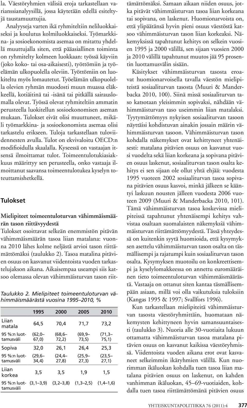 Työmarkkina- ja sosioekonomista asemaa on mitattu yhdellä muuttujalla siten, että pääasiallinen toiminta on ryhmitelty kolmeen luokkaan: työssä käyviin (joko koko- tai osa-aikaisesti), työttömiin ja