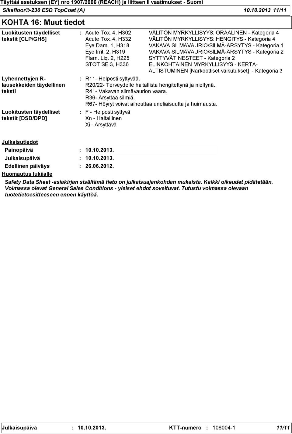 4, H302 VÄLITÖN MYRKYLLISYYS ORAALINEN Kategoria 4 Acute Tox. 4, H332 VÄLITÖN MYRKYLLISYYS HENGITYS Kategoria 4 Eye Dam. 1, H318 VAKAVA SILMÄVAURIO/SILMÄÄRSYTYS Kategoria 1 Eye Irrit.