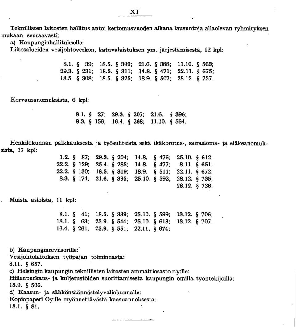 6. 396; 8.3. 156; 16.4. 268; 11.10. 564. Henkilökunnan palkkauksesta ja työsuhteista sekä ikäkorotus-, sairasloma- ja eläkeanomuksista, 17 kpl: 1.2. 87; 29.3. 204; 14.8. 476; 25. io. 612; 22.2. 129; 25.