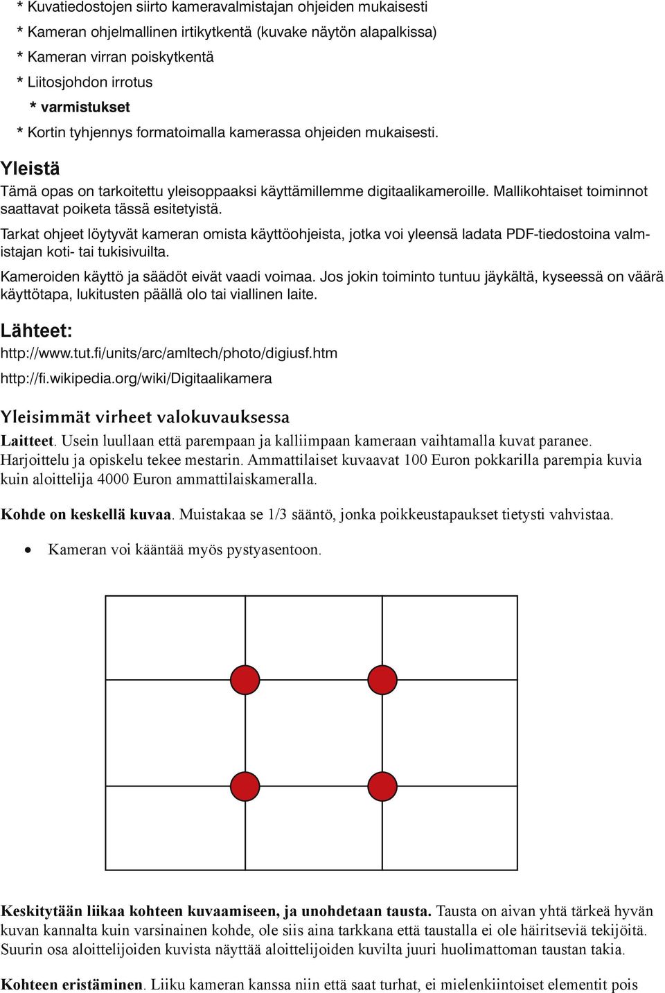 Mallikohtaiset toiminnot saattavat poiketa tässä esitetyistä. Tarkat ohjeet löytyvät kameran omista käyttöohjeista, jotka voi yleensä ladata PDF-tiedostoina valmistajan koti- tai tukisivuilta.