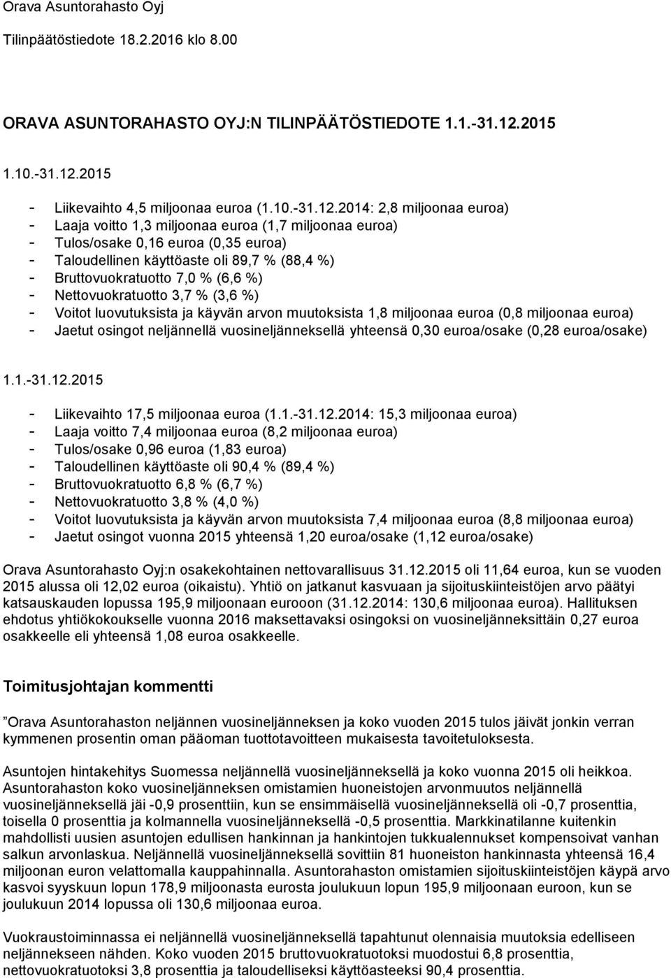 2015 - Liikevaihto 4,5 miljoonaa euroa (1.10.-31.12.