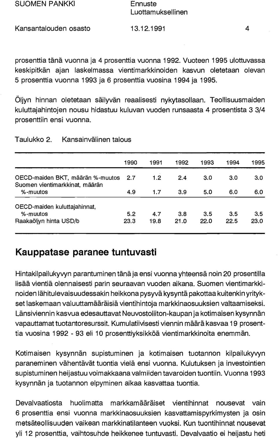 Öljyn hinnan oletetaan säilyvän reaalisesti nykytasollaan. Teollisuusmaiden kuluttajahintojen nousu hidastuu kuluvan vuoden runsaasta 4 prosentista 3 3/4 prosenttiin ensi vuonna. Taulukko 2.