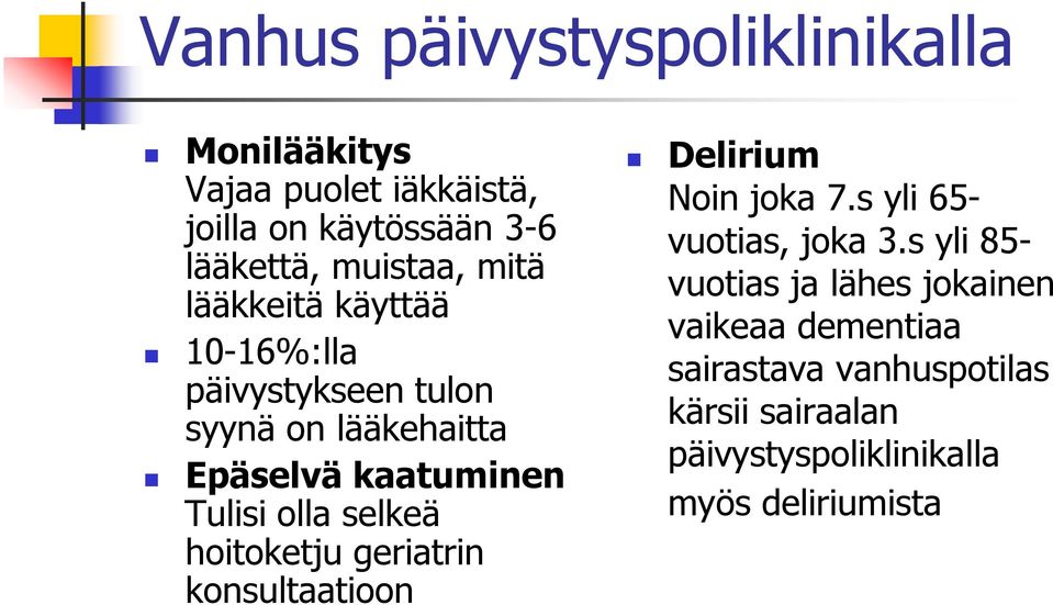 selkeä hoitoketju geriatrin konsultaatioon Delirium Noin joka 7.s yli 65- vuotias, joka 3.