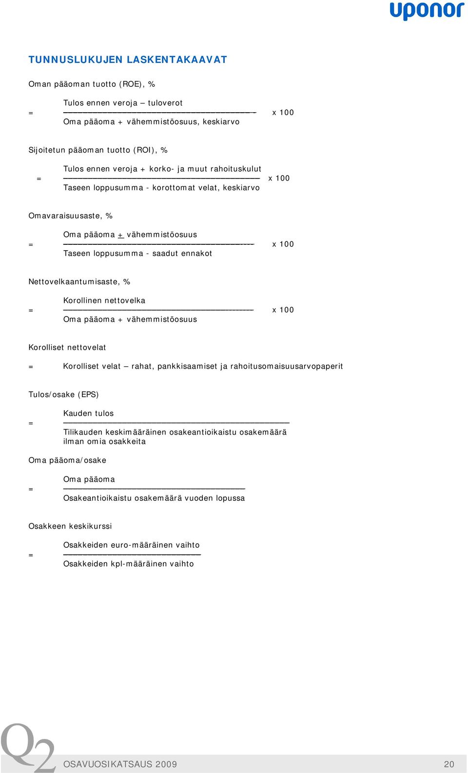 Korollinen nettovelka = -------- x 100 Oma pääoma + vähemmistöosuus Korolliset nettovelat = Korolliset velat rahat, pankkisaamiset ja rahoitusomaisuusarvopaperit Tulos/osake (EPS) Kauden tulos =