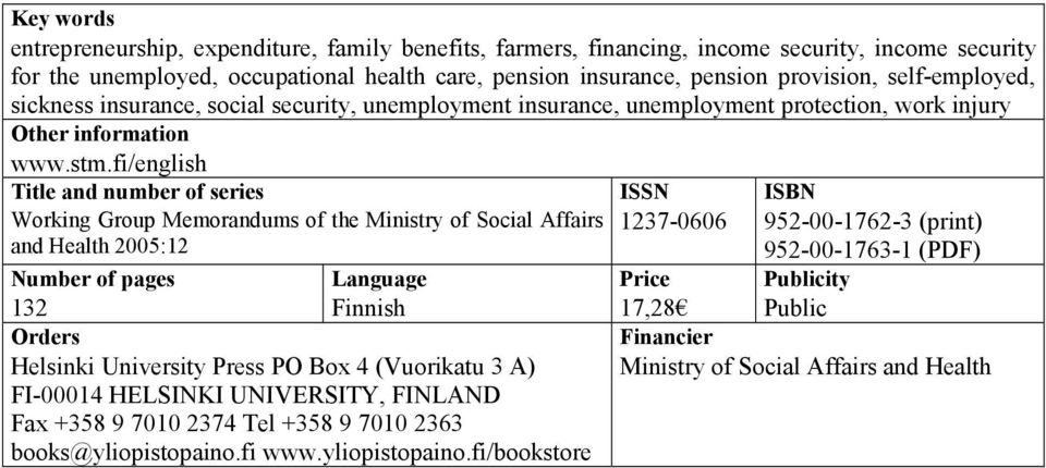 fi/english Title and number of series Working Group Memorandums of the Ministry of Social Affairs and Health 2005:12 Number of pages Language 132 Finnish Orders Helsinki University Press PO Box 4